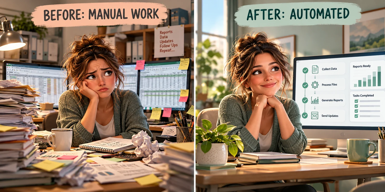 Illustrated before-and-after office scene: overwhelmed worker sorting documents versus the same worker with a streamlined automated task process