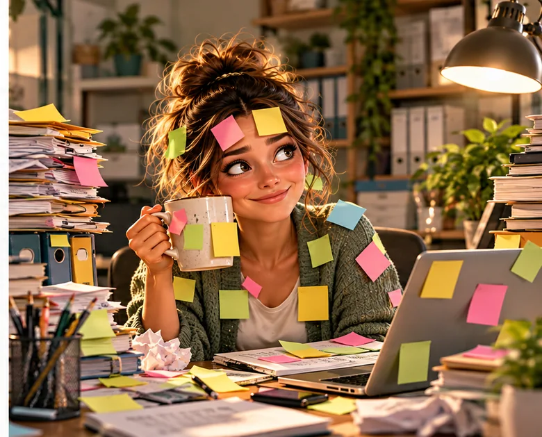 Our illustrated office character covered in colorful sticky notes holding a coffee mug among piles of documents
